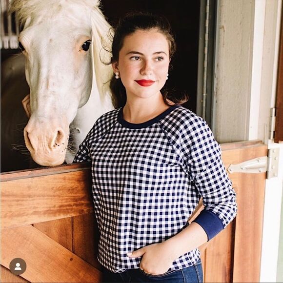 Draper James Natalie Navy Plaid Check Gingham Crew neck Pullover Sweatshirt - Picture 5 of 12